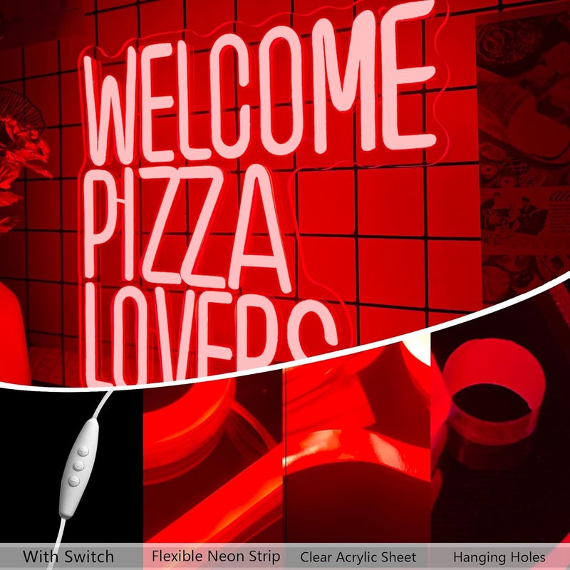 Manimo Welcome Pizza Lovers Neon Light, Red Dimmable LED Personalized Pizza Lovers Neon Sign, Family Restaurant Entertainment Room Food Theme Party Wall Neon Sign Decor Holiday Gift For Pizza Lovers, Children, Family (12.9*12.5in) - Image 3